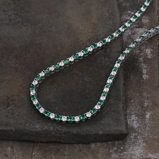 3mm Emerald Diamond Tennis Necklace 925 Sterling Silver VVS Tennis Necklace for Women Vintage Statement Necklace Anniversary Gift