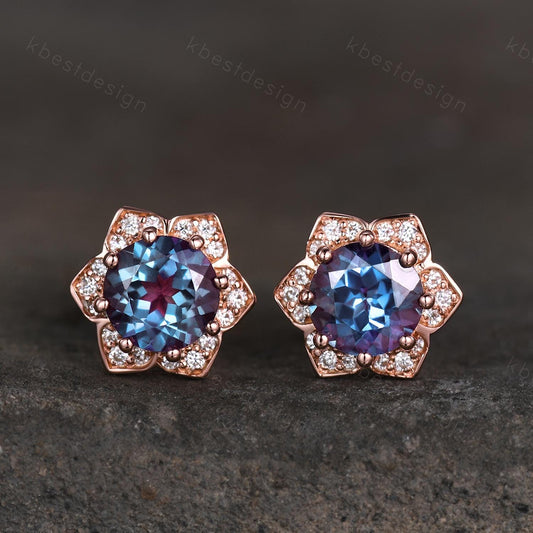 Vintage round Alexandrite earrings antique moissanite halo earrings studs rose gold color changing stone studs June Birthstone gift for her