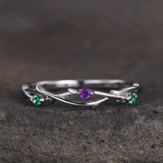 Twig emerald amethyst wedding band silver art deco wedding ring for women three stone stacking band unique branch ring anniversary gift