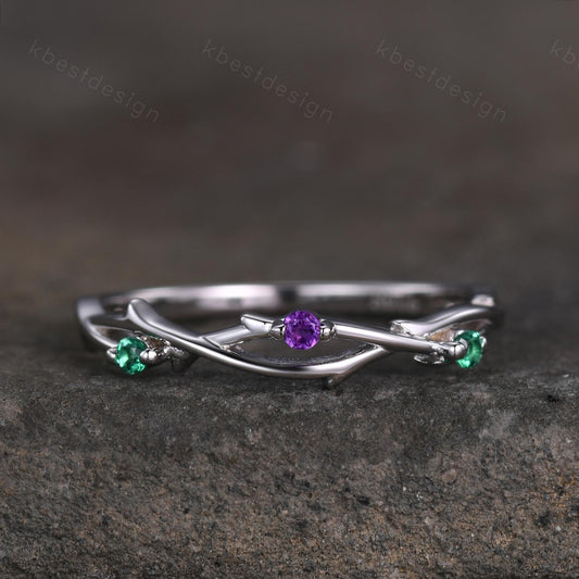 Twig emerald amethyst wedding band silver art deco wedding ring for women three stone stacking band unique branch ring anniversary gift