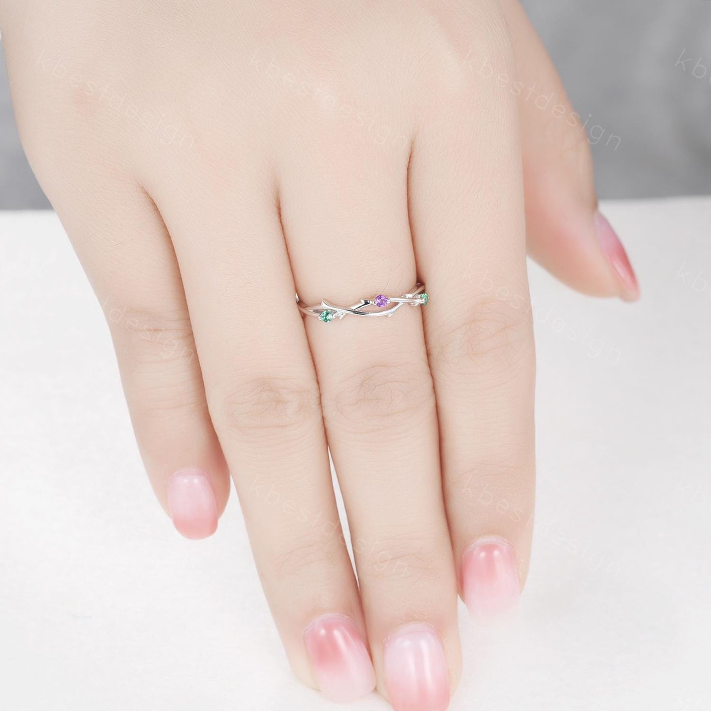 Twig emerald amethyst wedding band silver art deco wedding ring for women three stone stacking band unique branch ring anniversary gift