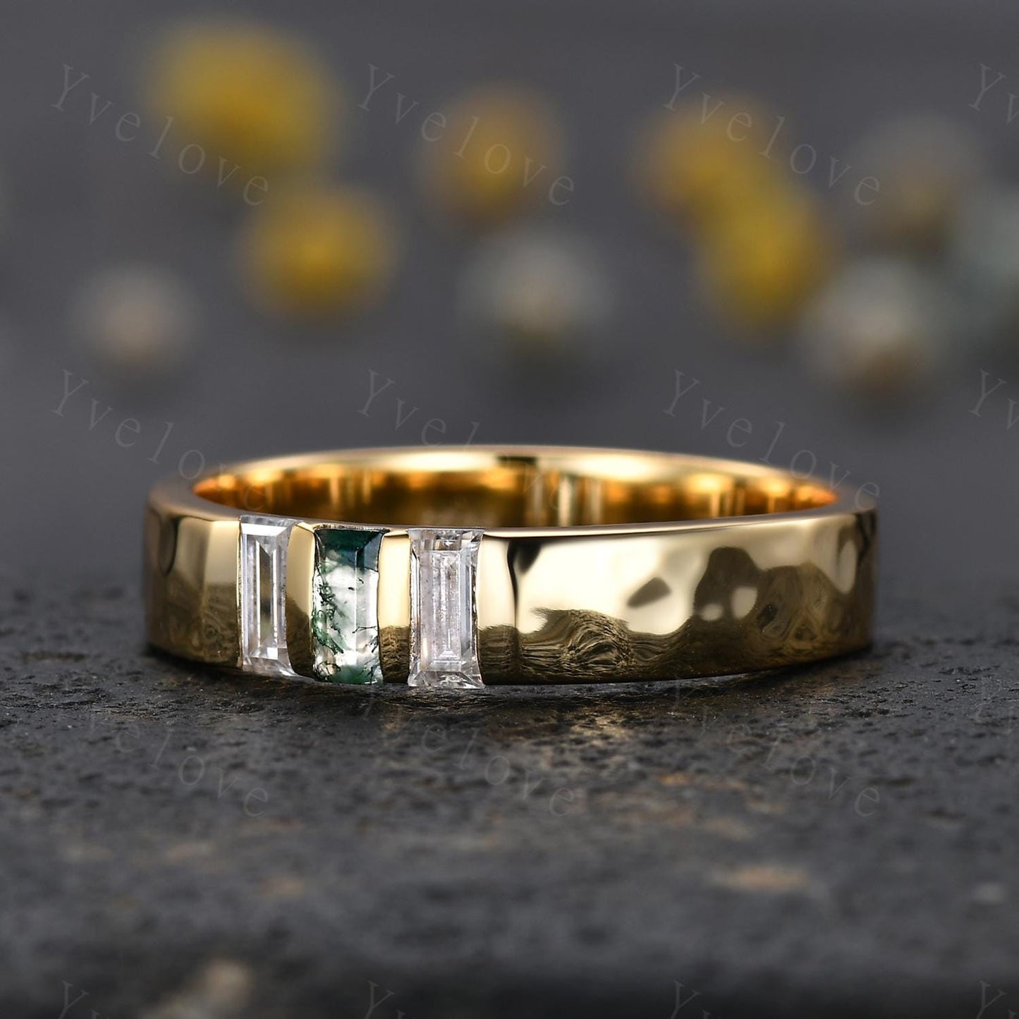 5mm Mens Moss agate Wedding Band Baguette Green Agate Diamond Band Yellow Gold Ring Mens Hammered Stacking Matching Band Gifts For Husband