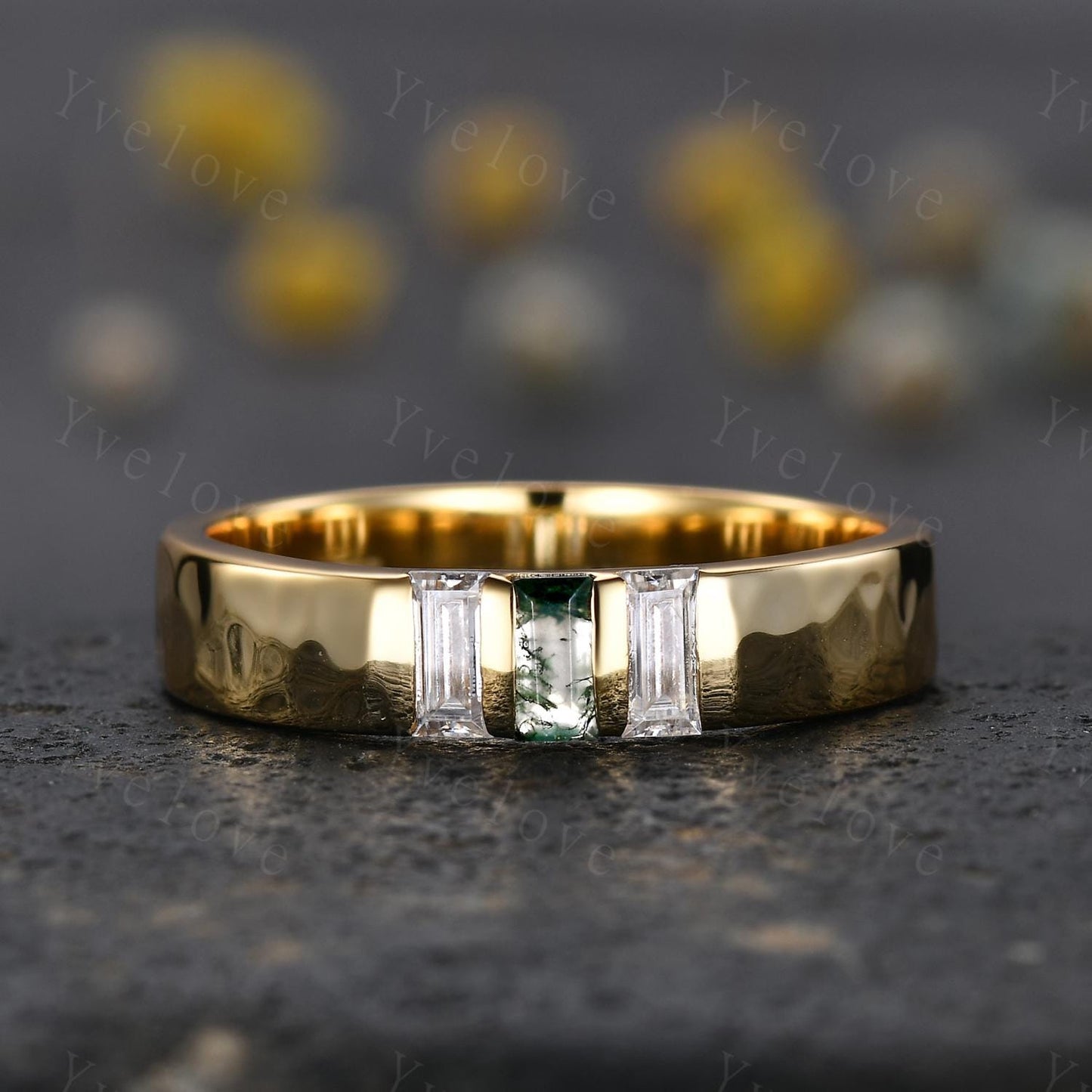 5mm Mens Moss agate Wedding Band Baguette Green Agate Diamond Band Yellow Gold Ring Mens Hammered Stacking Matching Band Gifts For Husband