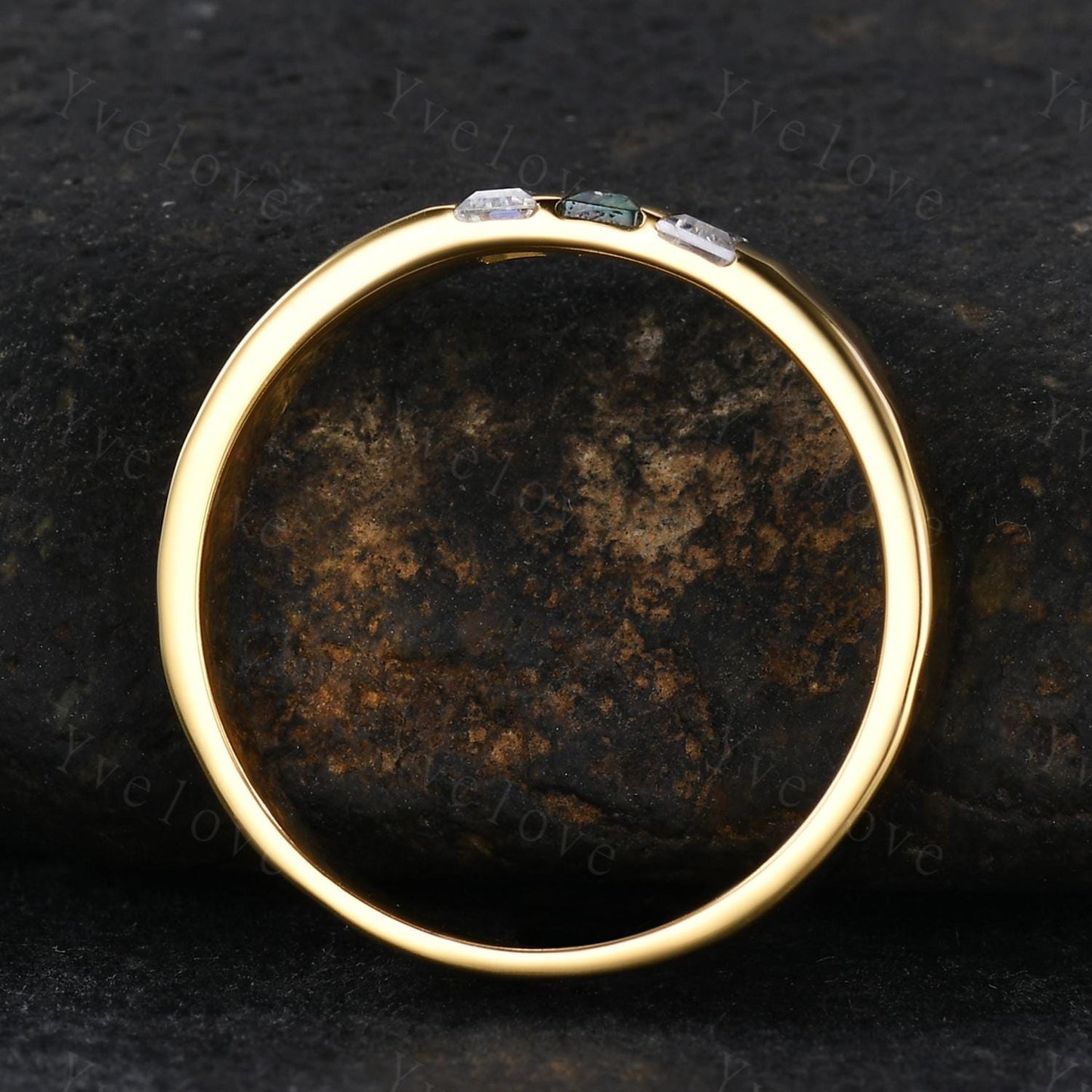 5mm Mens Moss agate Wedding Band Baguette Green Agate Diamond Band Yellow Gold Ring Mens Hammered Stacking Matching Band Gifts For Husband