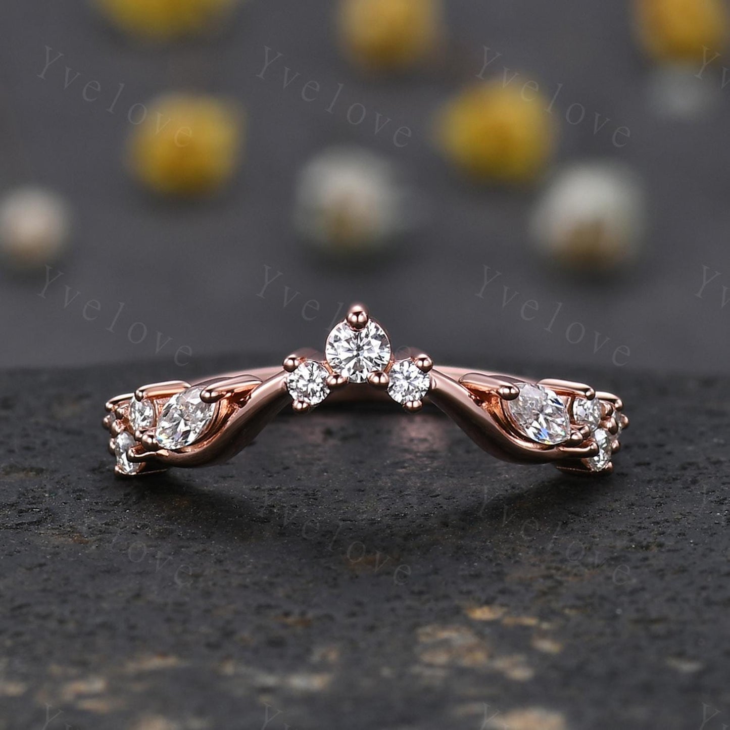 Art Deco Diamond Wedding Band Marquise Moissanite Engagement Ring Matching Band,Women V Curved Wedding Band,Rose Gold Wedding Ring Gift