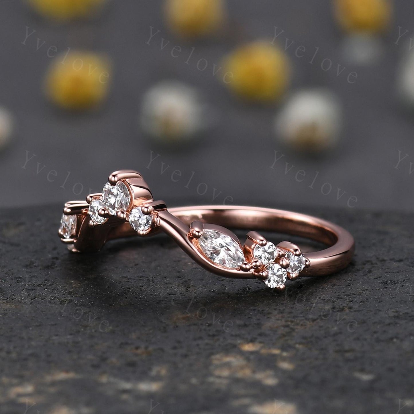 Art Deco Diamond Wedding Band Marquise Moissanite Engagement Ring Matching Band,Women V Curved Wedding Band,Rose Gold Wedding Ring Gift