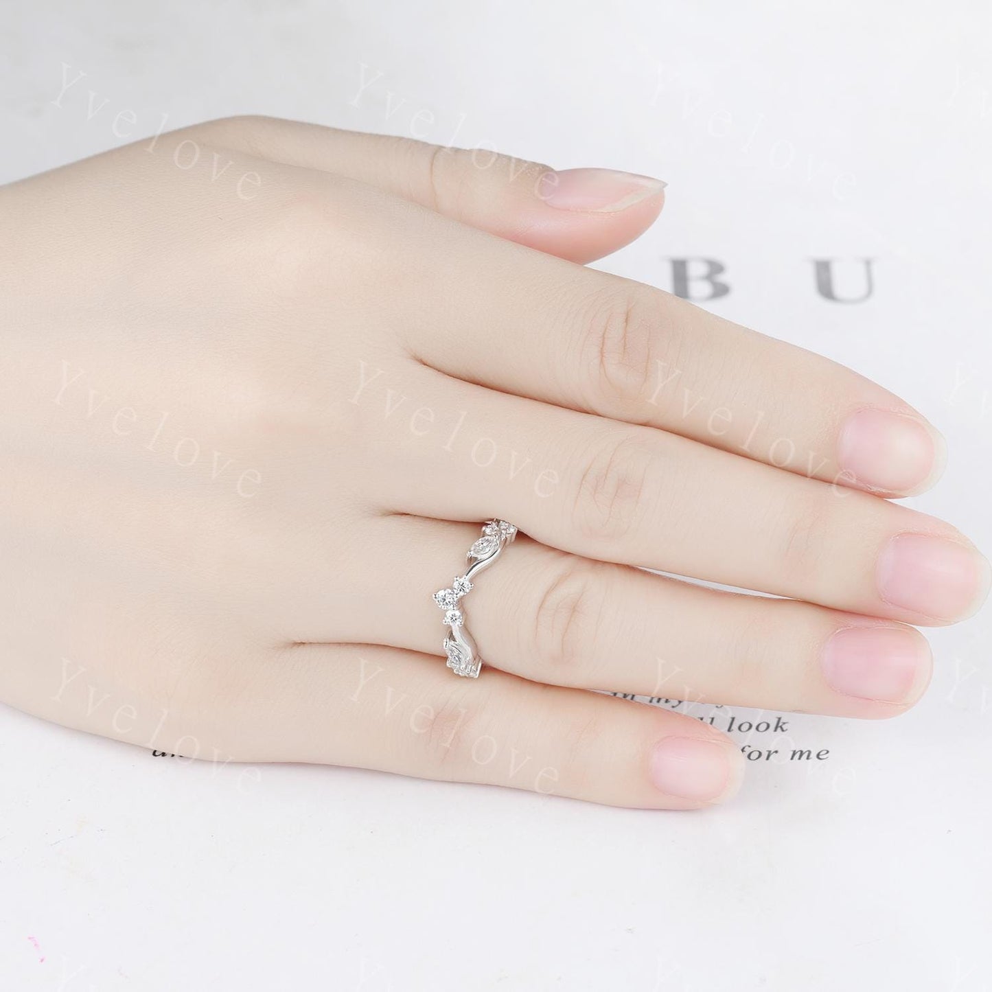 Art Deco Diamond Wedding Band Marquise Moissanite Engagement Ring Matching Band,Women V Curved Wedding Band,Rose Gold Wedding Ring Gift