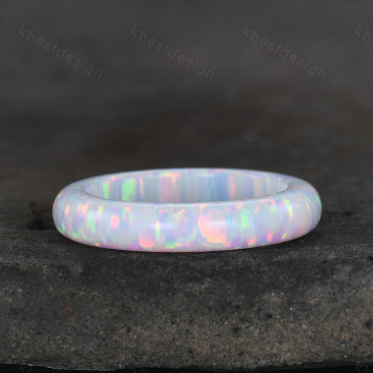 White fire opal wedding band 4mm solitaire opal ring for women minimalist stacking matching band vintage engagement ring dainty opal jewelry