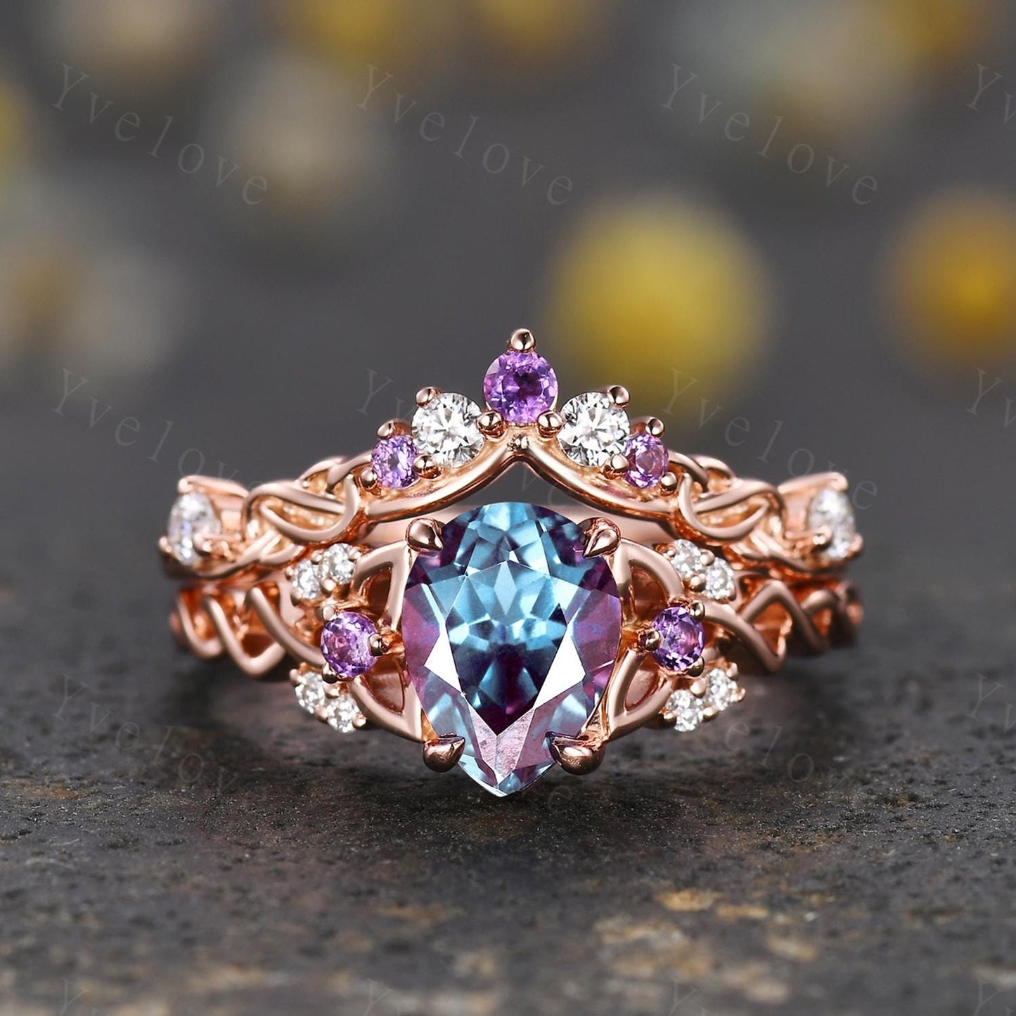 Unique Pear Alexandrite Engagement Ring Set Vintage Amethyst Diamond Ring Celtic Knot Promise Band Rose Gold Ring Gift For Her Bridal Set