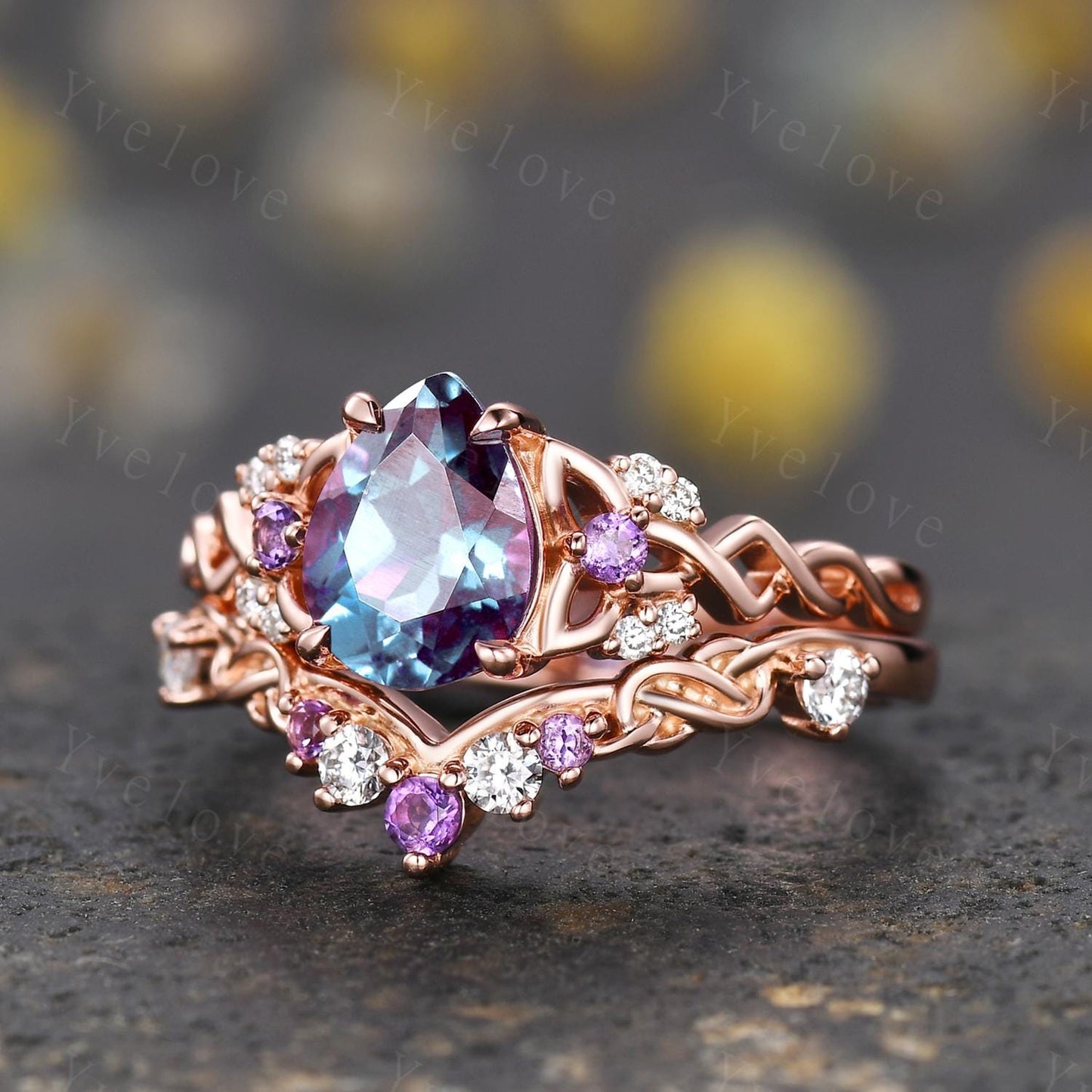 Unique Pear Alexandrite Engagement Ring Set Vintage Amethyst Diamond Ring Celtic Knot Promise Band Rose Gold Ring Gift For Her Bridal Set