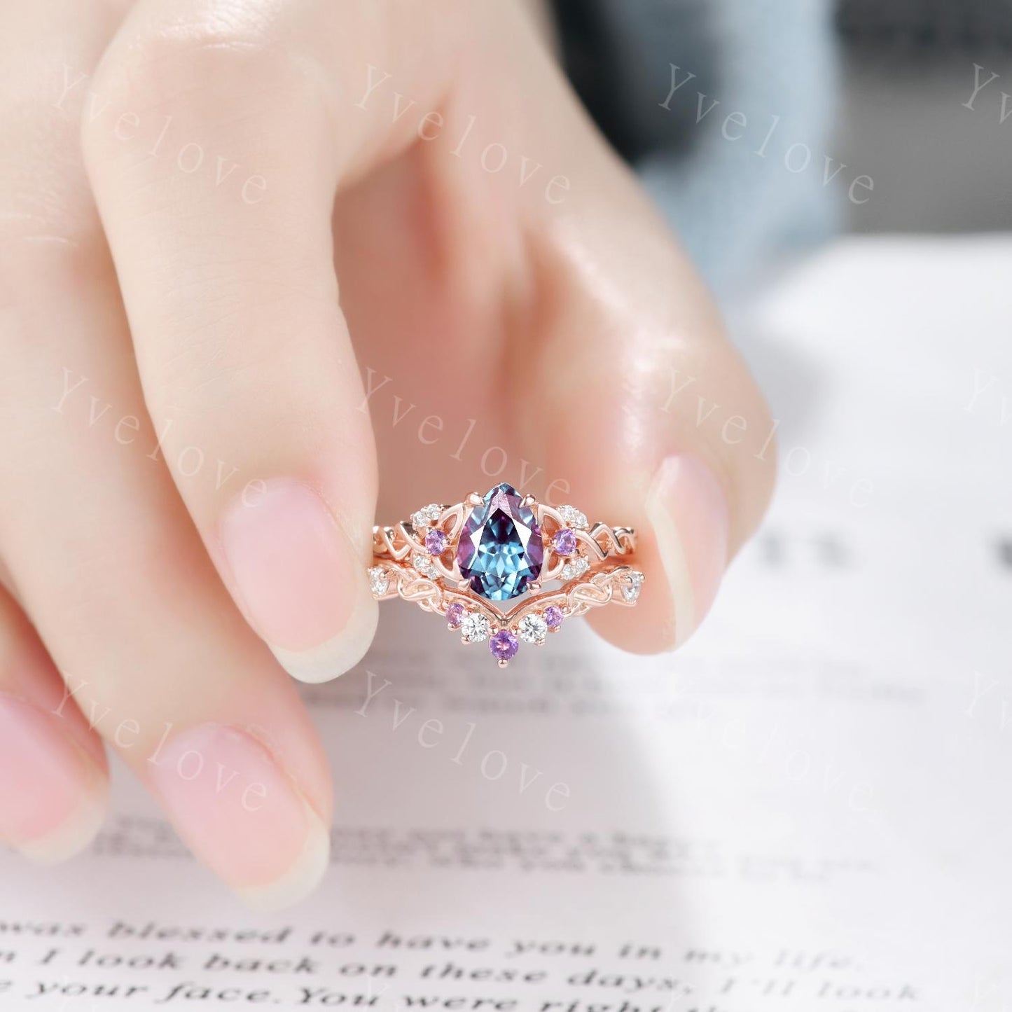 Unique Pear Alexandrite Engagement Ring Vintage Amethyst Diamond Ring Celtic Knot Promise Band 14k Rose Gold Ring Gift For Her Bridal Ring