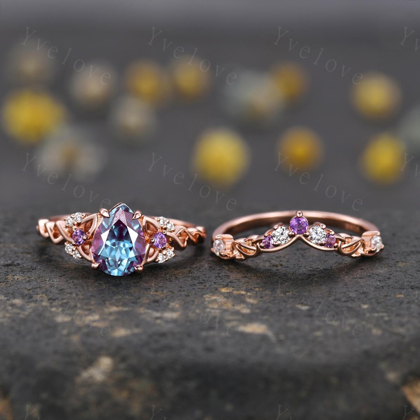 Unique Pear Alexandrite Engagement Ring Set Vintage Amethyst Diamond Ring Celtic Knot Promise Band Rose Gold Ring Gift For Her Bridal Set