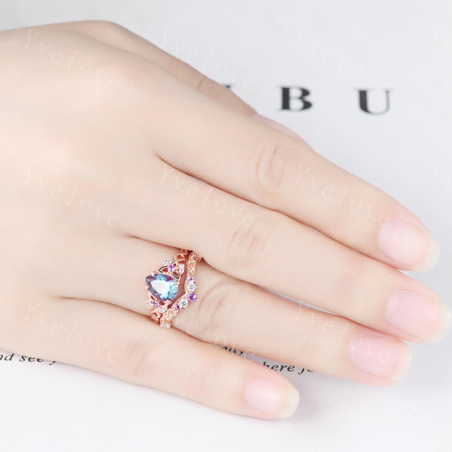 Unique Pear Alexandrite Engagement Ring Vintage Amethyst Diamond Ring Celtic Knot Promise Band 14k Rose Gold Ring Gift For Her Bridal Ring