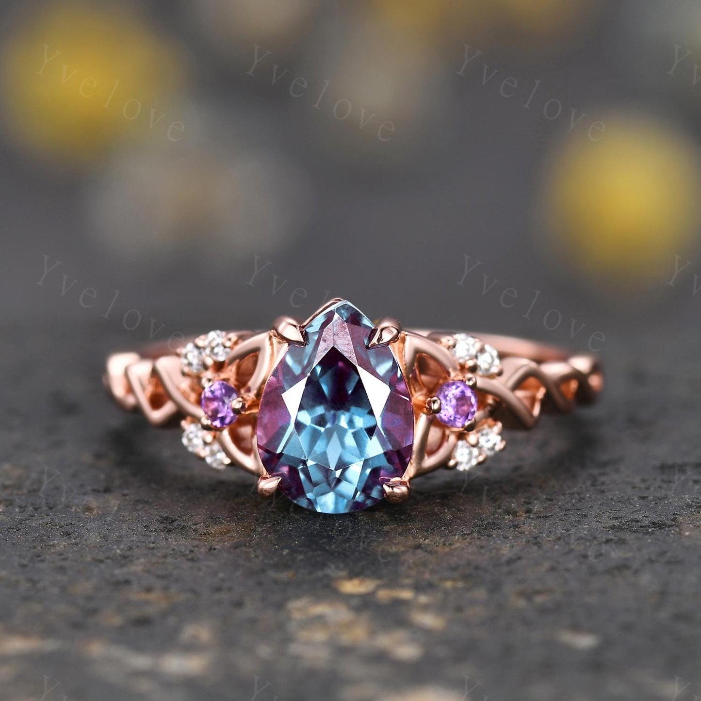 Unique Pear Alexandrite Engagement Ring Vintage Amethyst Diamond Ring Celtic Knot Promise Band 14k Rose Gold Ring Gift For Her Bridal Ring