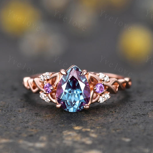 Unique Pear Alexandrite Engagement Ring Vintage Amethyst Diamond Ring Celtic Knot Promise Band 14k Rose Gold Ring Gift For Her Bridal Ring