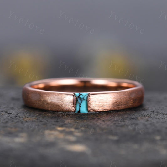 3mm Unisex Baguette Turquoise Wedding Band Natural Turquoise Band Rose Gold Ring Men Matter Stacking Matching Band Vintage Ring Gift For Her