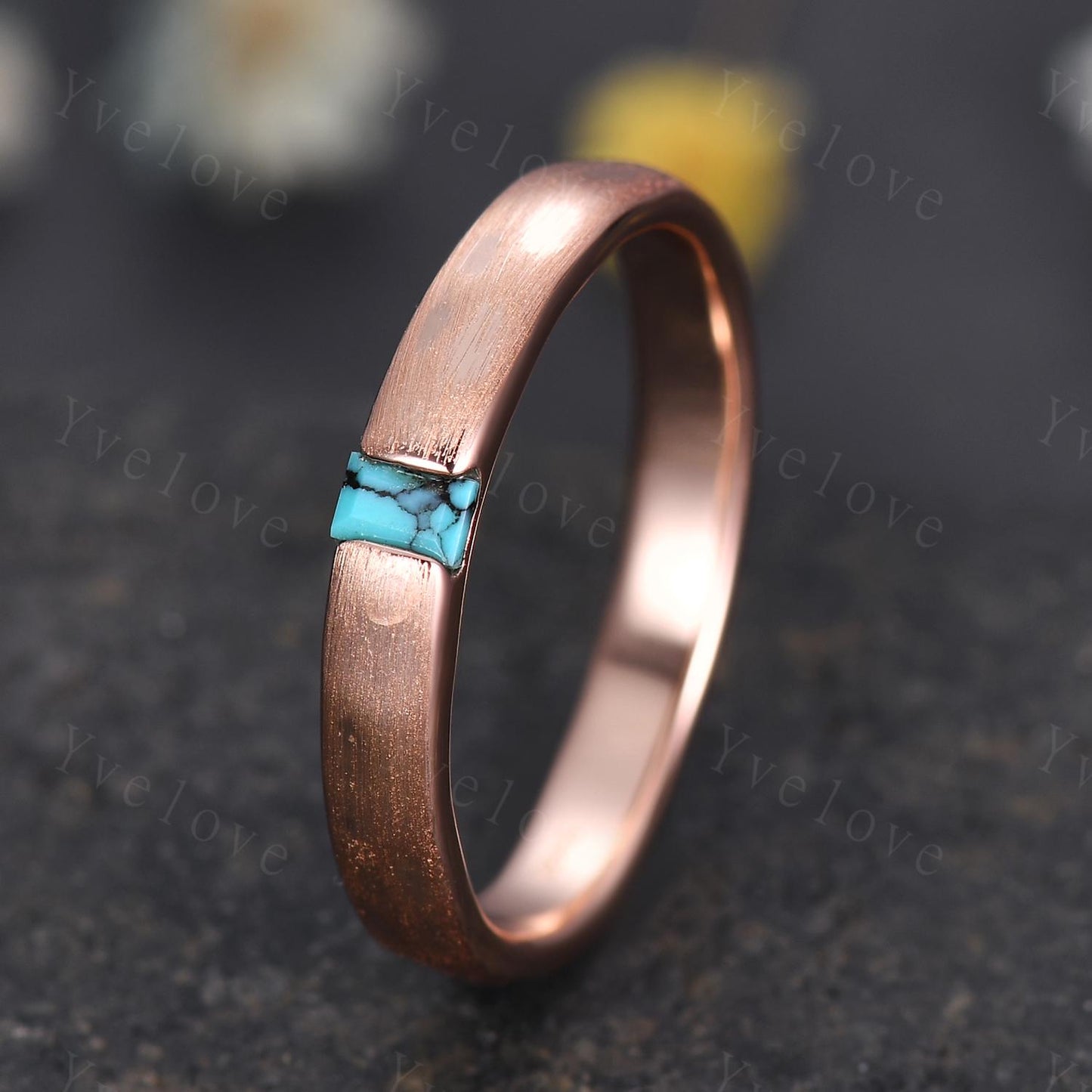 3mm Unisex Baguette Turquoise Wedding Band Natural Turquoise Band Rose Gold Ring Men Matter Stacking Matching Band Vintage Ring Gift For Her