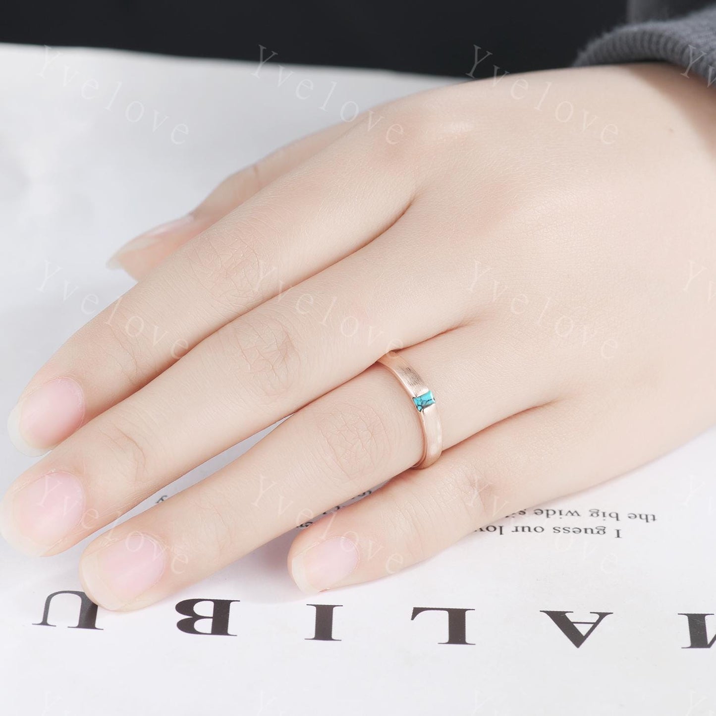 3mm Unisex Baguette Turquoise Wedding Band Natural Turquoise Band Rose Gold Ring Men Matter Stacking Matching Band Vintage Ring Gift For Her