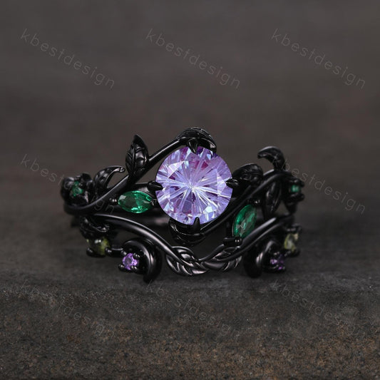 Vintage firework alexandrite engagement ring black gold art deco cluster emerald wedding ring set leaf inspired bridal promise ring for her