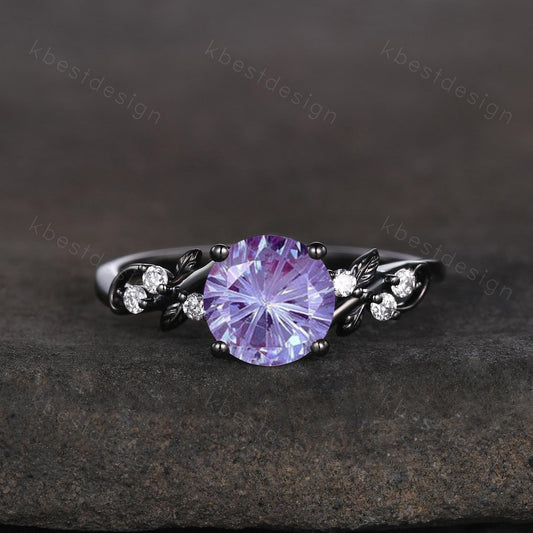 Nature inspired firework alexandrite ring black gold engagement ring for women twig leaf design ring unique art deco bridal anniversary ring