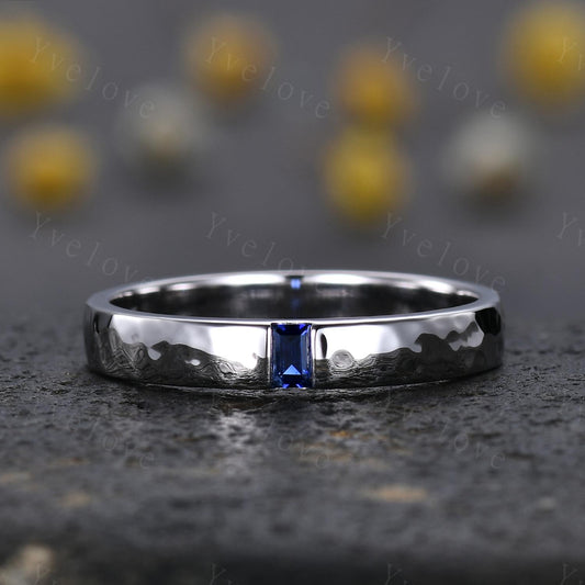 3mm Mens Baguette Blue Sapphire Wedding Band Sapphire Band 925 Silver Ring Mens Hammered Stacking Matching Band Vintage Ring Gift For Men