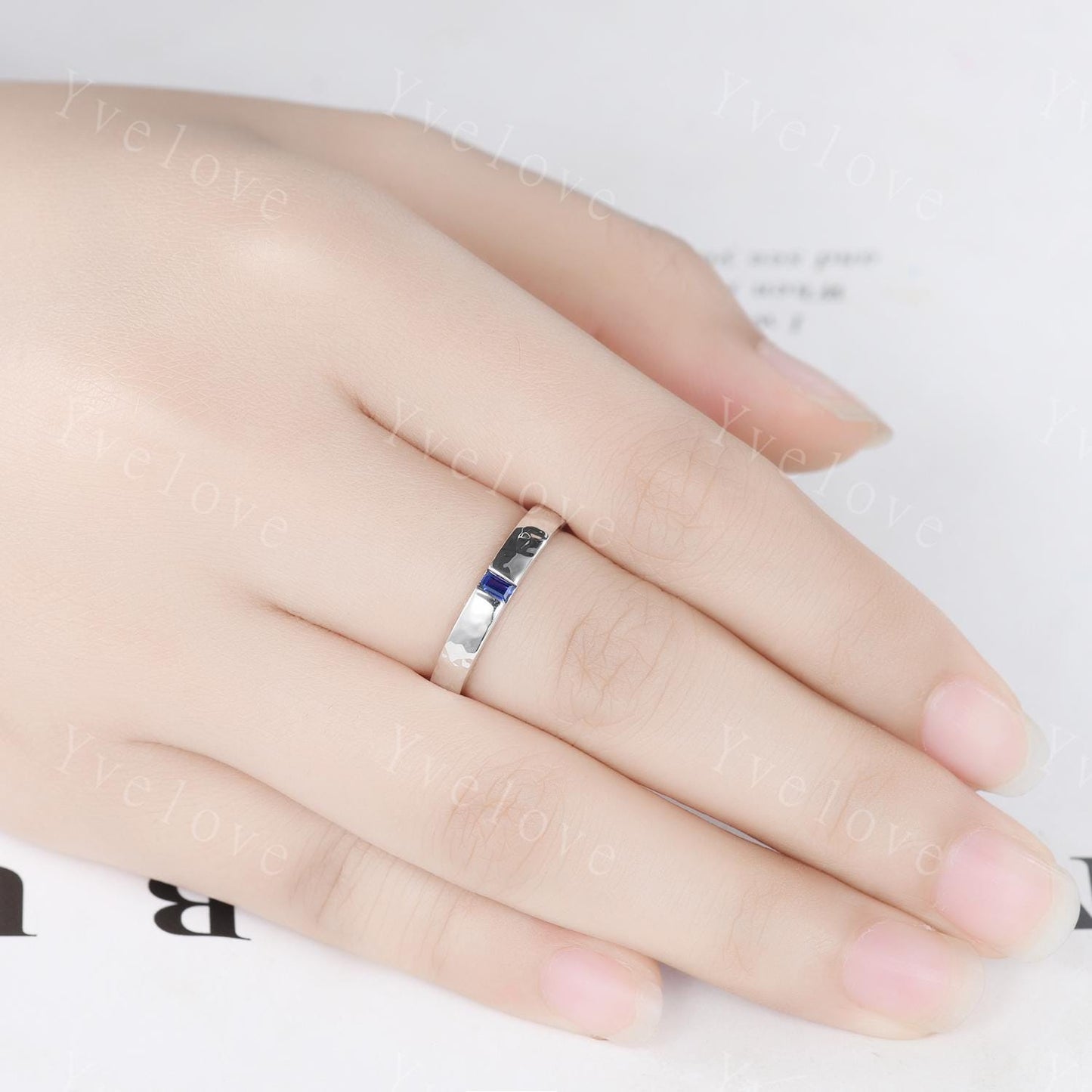 3mm Mens Baguette Blue Sapphire Wedding Band Sapphire Band 925 Silver Ring Mens Hammered Stacking Matching Band Vintage Ring Gift For Men