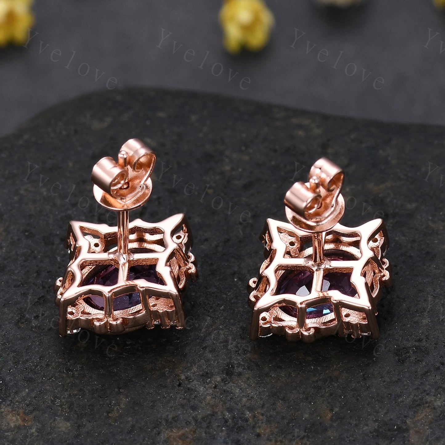 Retro Firework Cut Alexandrite Earrings,Oval Cut Gems,Art Deco Diamond Delicate Stud Earrings,Rose Gold Personalized Bridal Gift for Her
