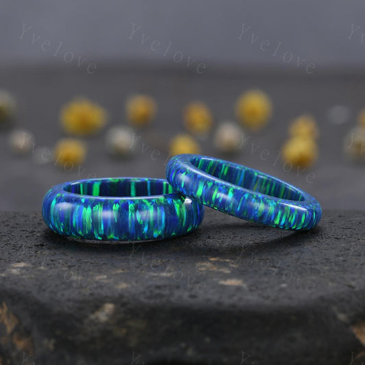 Unique black opal wedding band mens blue fire opal engagement ring full eternity women October birthstone wedding ring gift for him her
