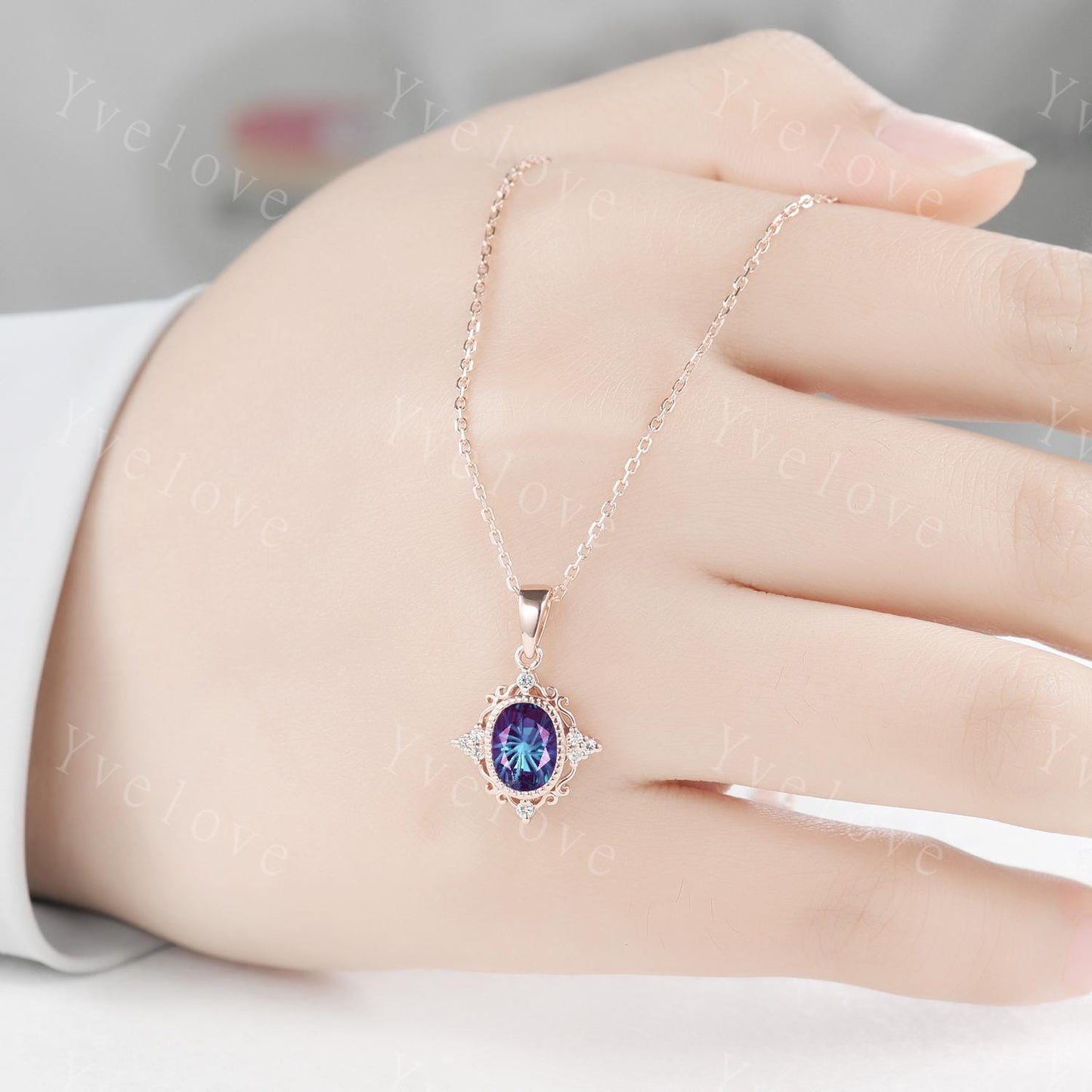 Vintage unique firework alexandrite necklace filigree design 14k rose gold diamond personalized pendant anniversary birthday gift for her