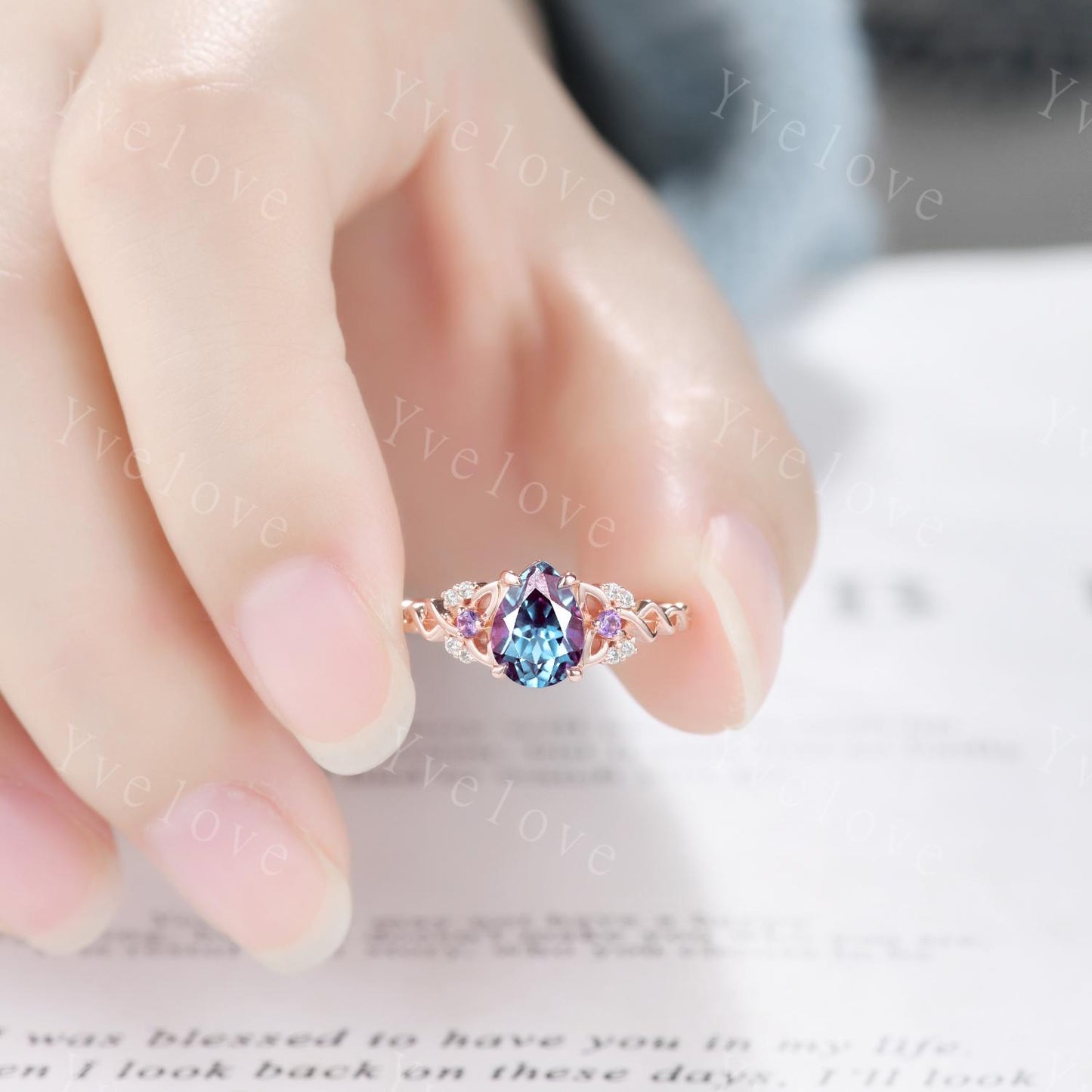 Unique Pear Alexandrite Engagement Ring Vintage Amethyst Diamond Ring Celtic Knot Promise Band 14k Rose Gold Ring Gift For Her Bridal Ring