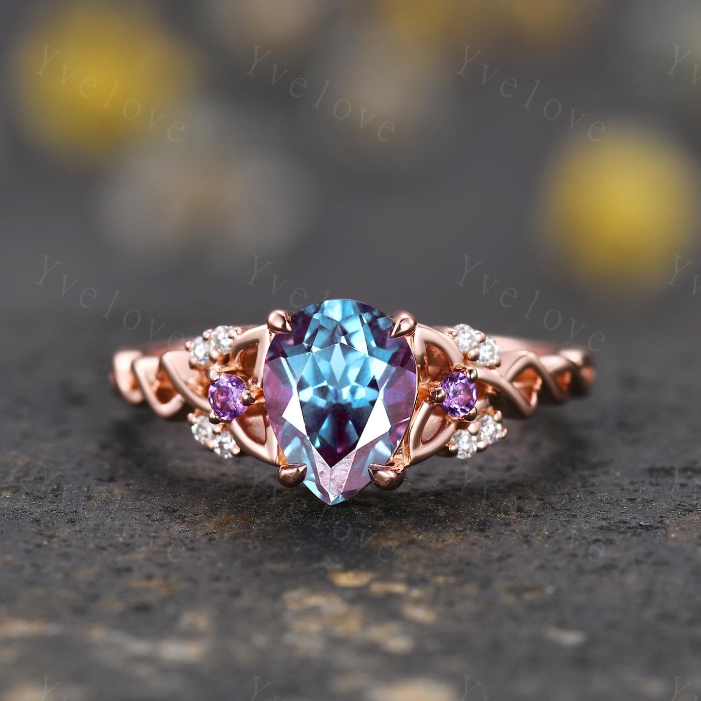 Unique Pear Alexandrite Engagement Ring Vintage Amethyst Diamond Ring Celtic Knot Promise Band 14k Rose Gold Ring Gift For Her Bridal Ring