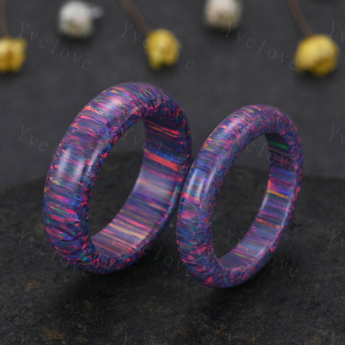 Unique Purple opal wedding band mens opal engagement ring full eternity women October birthstone wedding band promise ring couple ring set