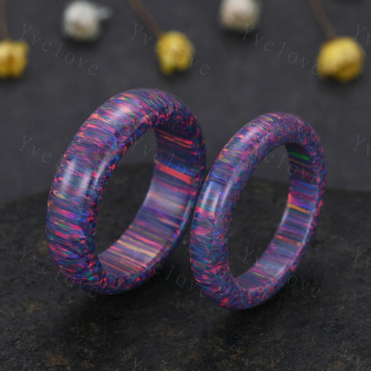 Unique Purple opal wedding band mens opal engagement ring full eternity women October birthstone wedding band promise ring couple ring set