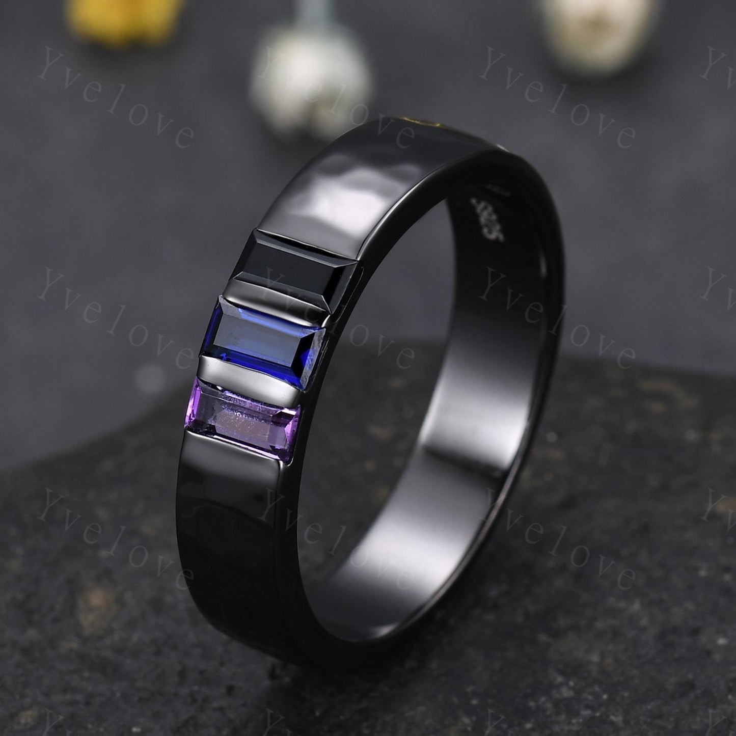 Retro Mens Baguette Cut Amethyst Sapphire Wedding Ring 5mm Black Onyx Hammered Band Black Gold Mens Stackable Matching Band Gift For Father