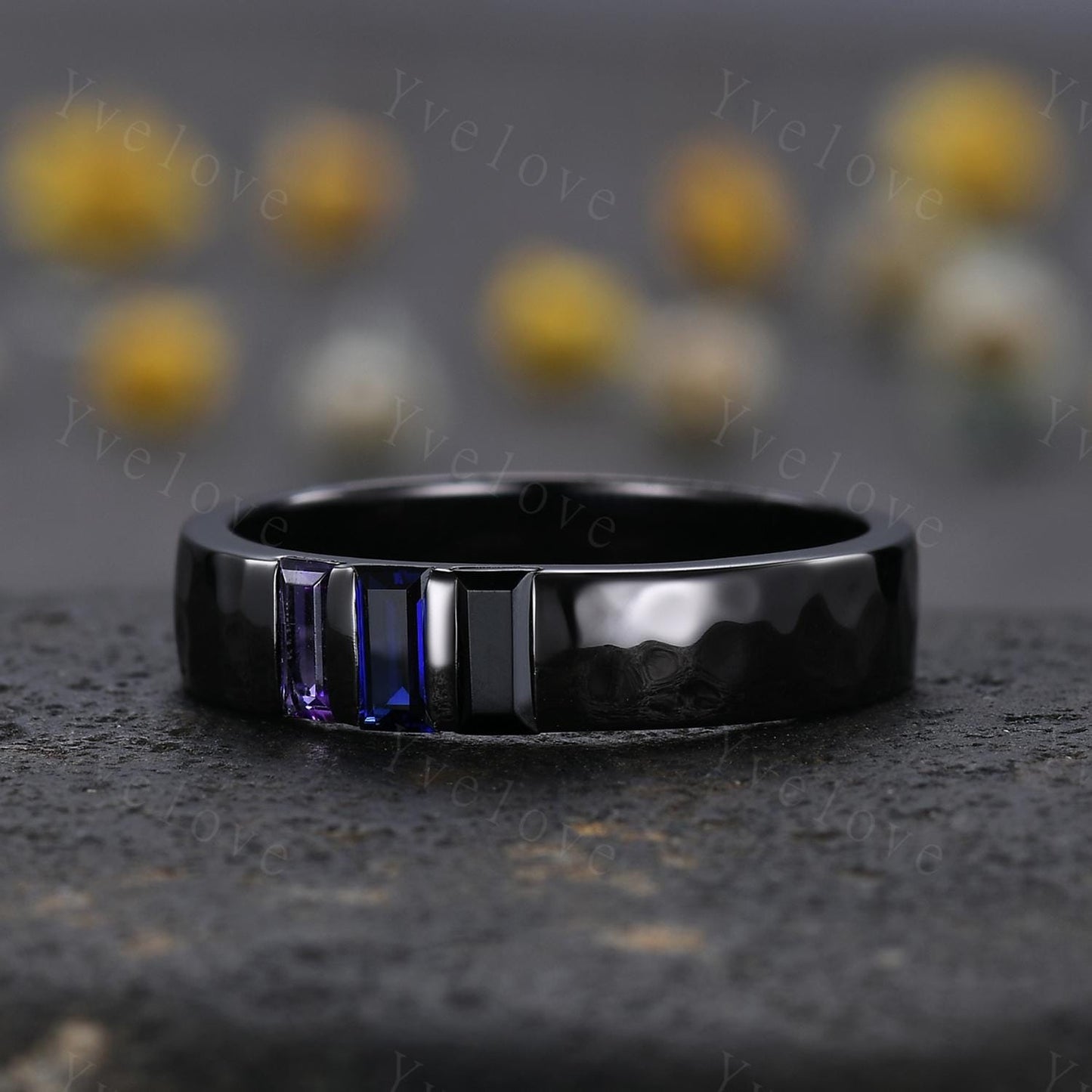 Retro Mens Baguette Cut Amethyst Sapphire Wedding Ring 5mm Black Onyx Hammered Band Black Gold Mens Stackable Matching Band Gift For Father