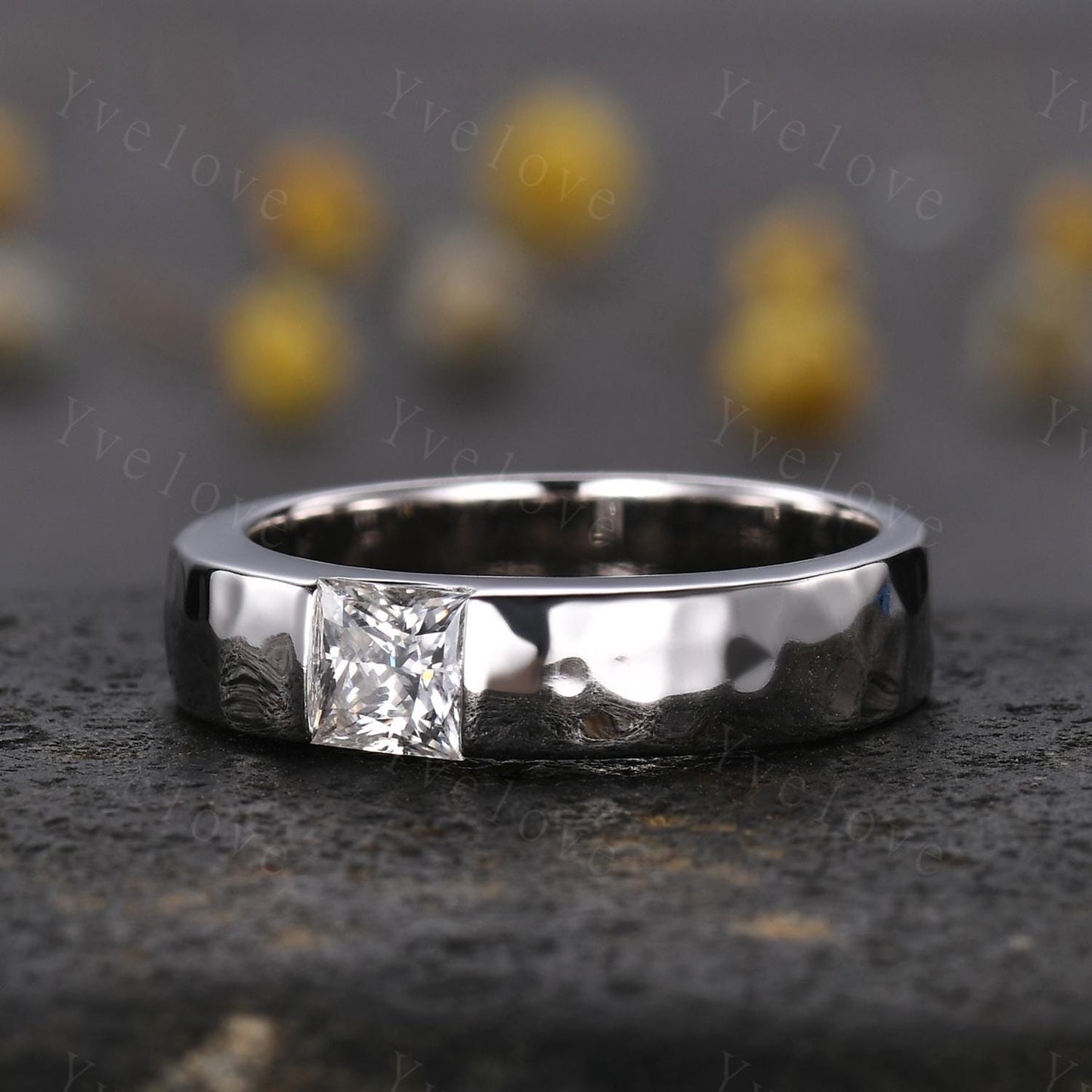 5mm Mens Moissanite Wedding Band Princess Cut Moissanite Band White Gold Ring Mens Hammered Band Stacking Matching Band Vintage Ring Gift
