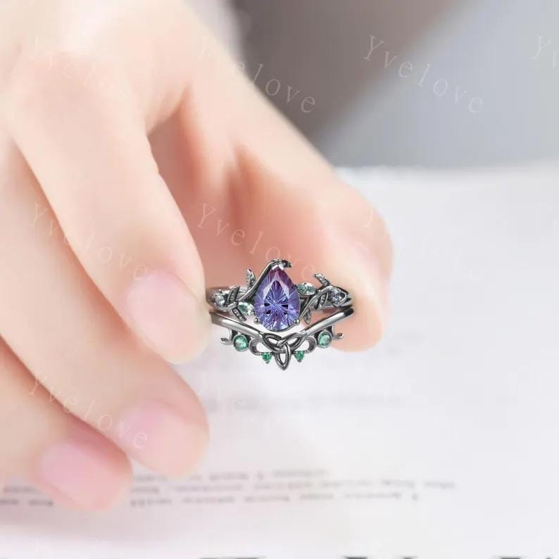 Firework Cut Alexandrite Engagement ring 14K Rose Gold Leaf Nature Inspired Bridal Sets Promise Ring Purple Gems Ring Jewelry gifts for her