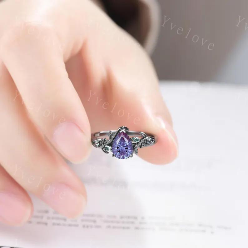 Firework Cut Alexandrite Engagement ring 14K Black Gold Leaf Nature Inspired Bridal Ring Promise Ring Purple Gems Ring Jewelry gifts for her