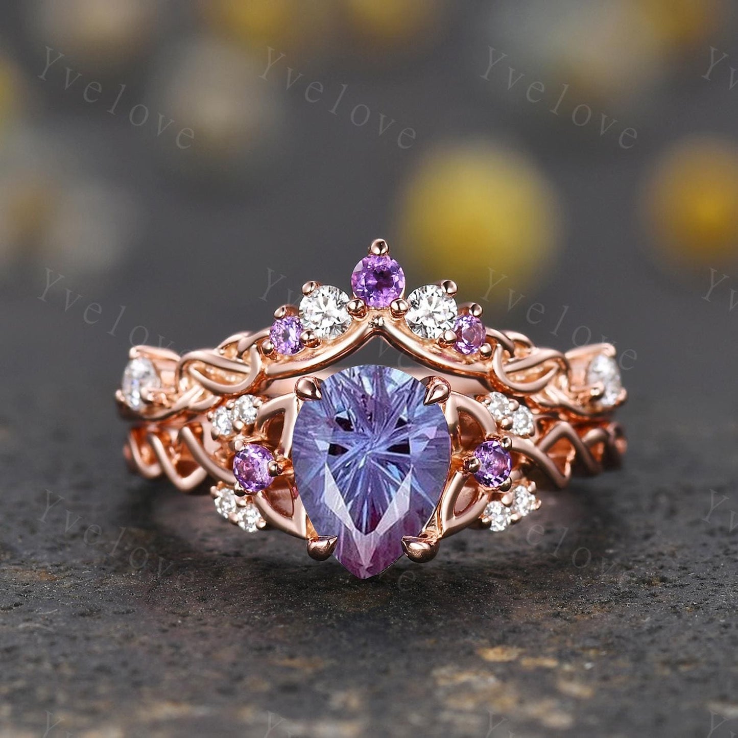Unique Firework Cut Alexandrite Engagement Ring Vintage Amethyst Diamond Ring Celtic Knot Rose Gold Promise Ring Gift For Her Bridal Ring