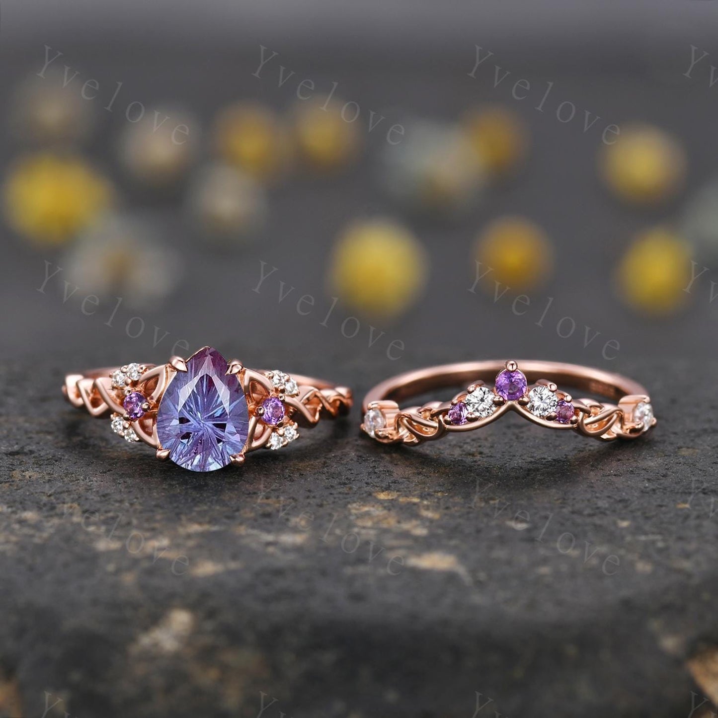 Unique Firework Cut Alexandrite Engagement Ring Vintage Amethyst Diamond Ring Celtic Knot Rose Gold Promise Ring Gift For Her Bridal Ring