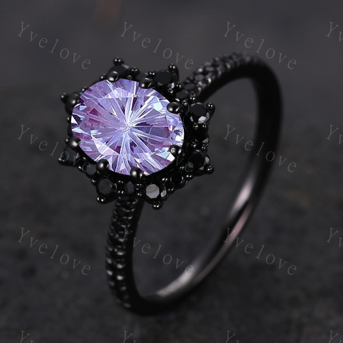 Gothic Firework Cut Alexandrite Engagement Ring Set,Black Gold Black Diamond Promise Ring Unique Rhodium Black Witchy Ring Bridal Set Gift