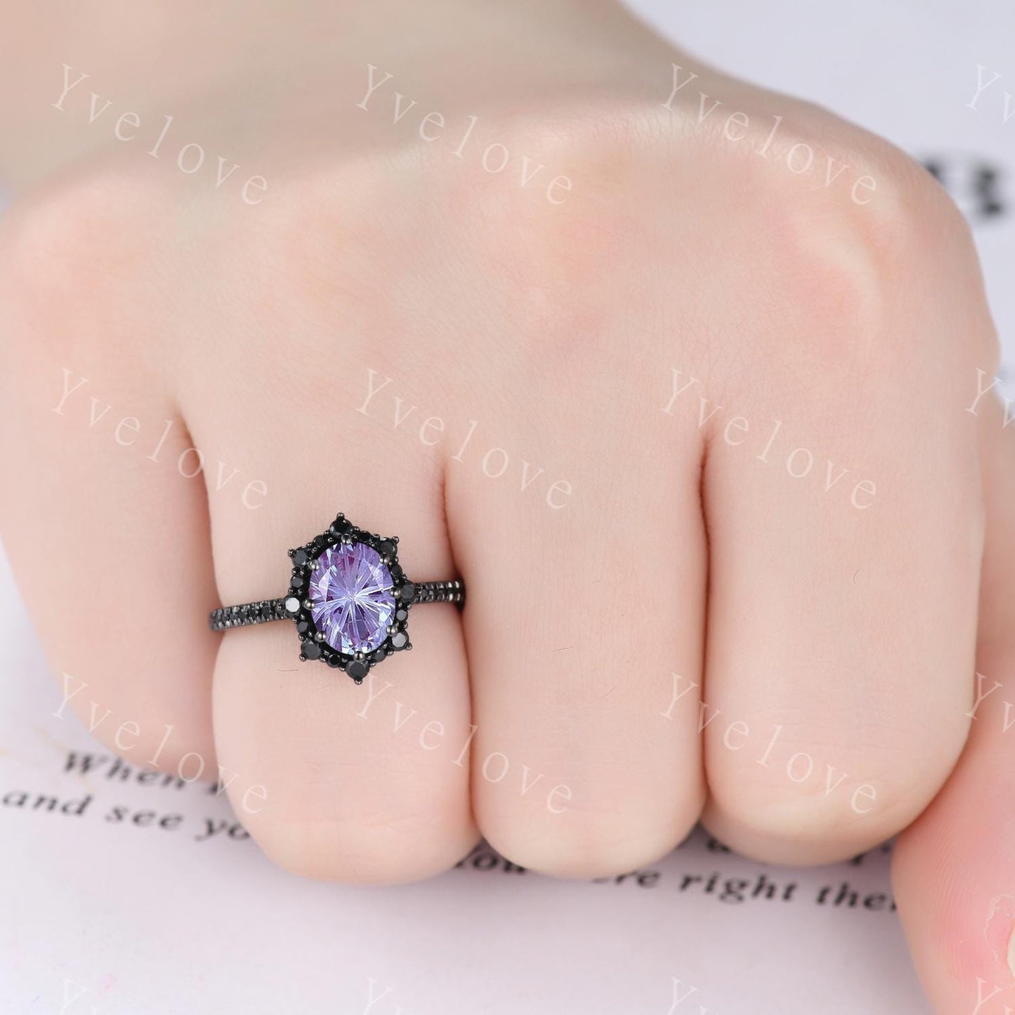 Gothic Firework Cut Alexandrite Engagement Ring Set,Black Gold Black Diamond Promise Ring Unique Rhodium Black Witchy Ring Bridal Set Gift