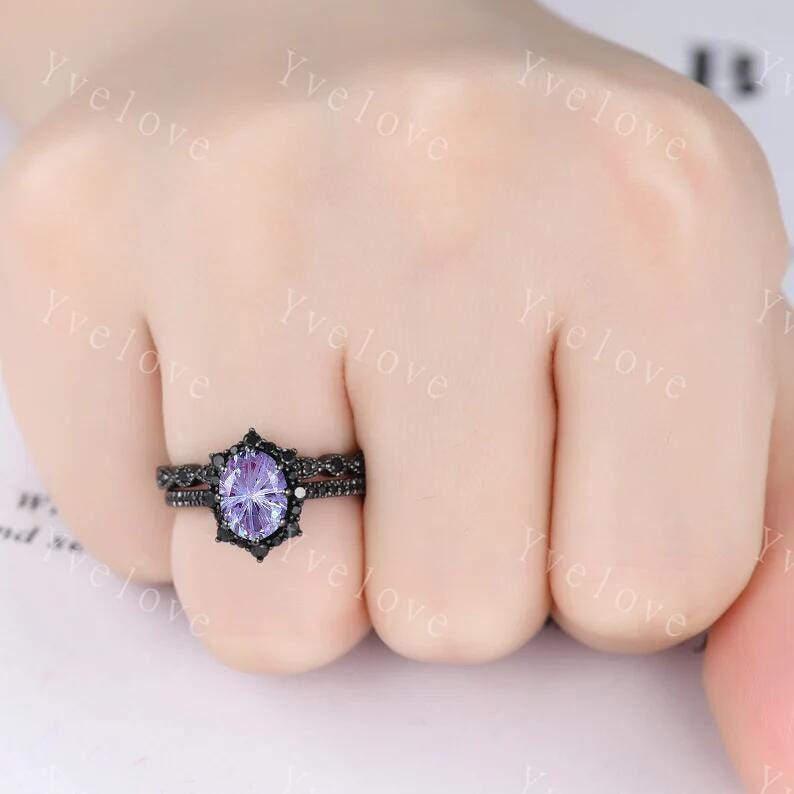 Gothic Firework Cut Alexandrite Engagement Ring Set,Black Gold Black Diamond Promise Ring Unique Rhodium Black Witchy Ring Bridal Set Gift