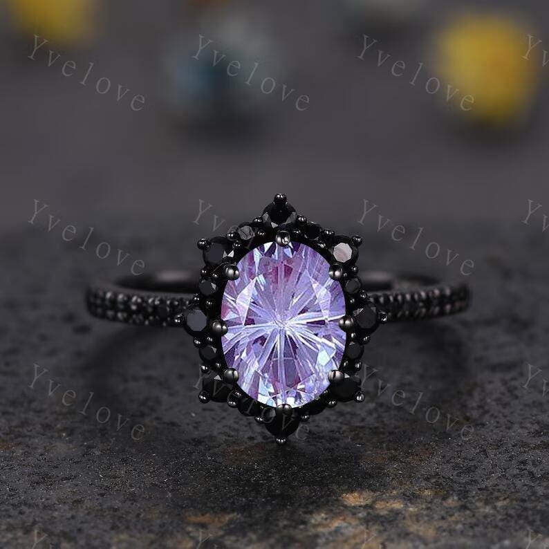 Gothic Firework Cut Alexandrite Engagement Ring Set,Black Gold Black Diamond Promise Ring Unique Rhodium Black Witchy Ring Bridal Set Gift