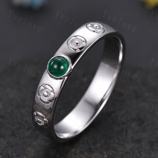 Howls Moving Castle Ring 4mm Round Shaped Natural Emerald Wedding Band 925 Sterling Silver Ring Howl's Ring Stacking Matching Band Gift