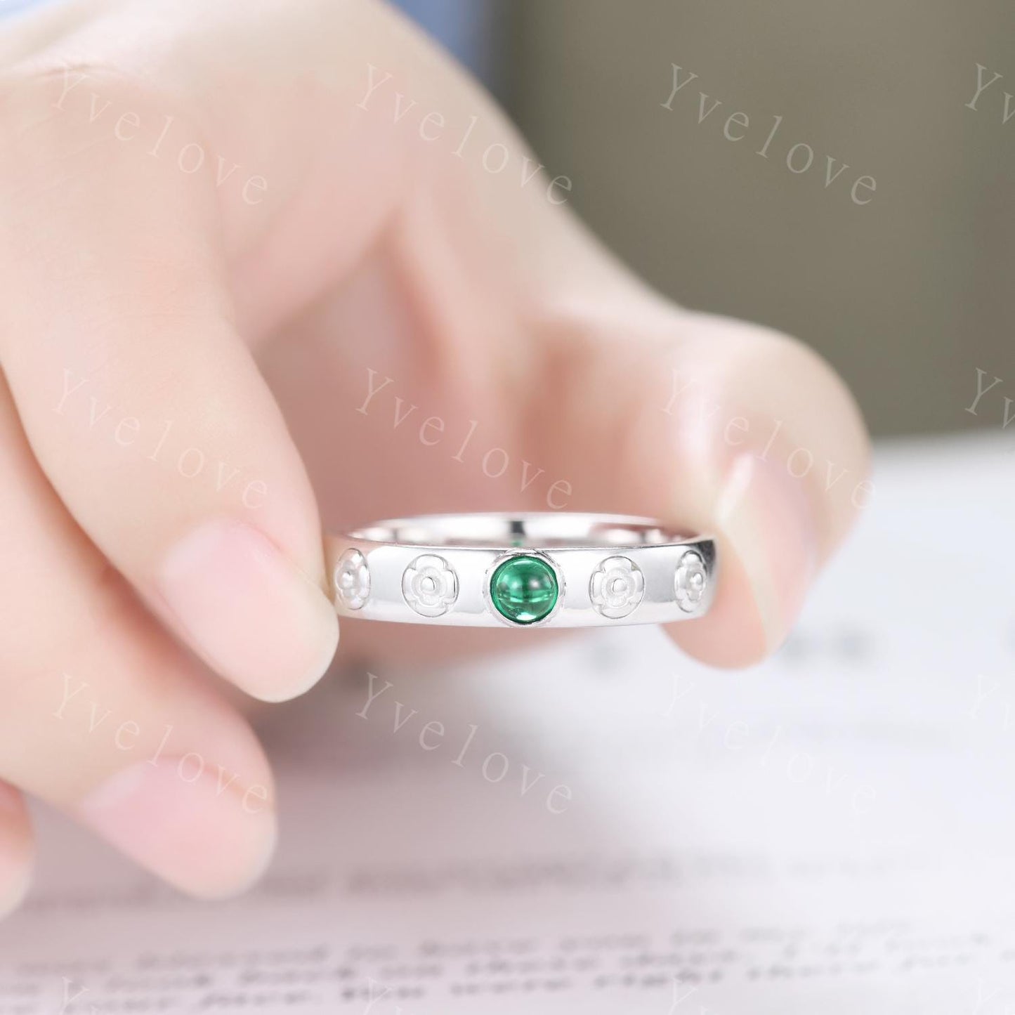 Howls Moving Castle Ring 4mm Round Shaped Natural Emerald Wedding Band 925 Sterling Silver Ring Howl's Ring Stacking Matching Band Gift