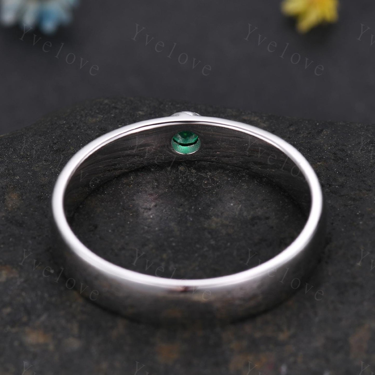 Howls Moving Castle Ring 4mm Round Shaped Natural Emerald Wedding Band 925 Sterling Silver Ring Howl's Ring Stacking Matching Band Gift