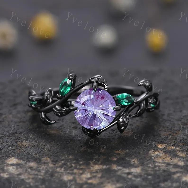 Vintage Firework Alexandrite Engagement Ring,Black Gold,Leaf Peridot Amethyst Ring,Women Bridal Set,Unique Promise Ring Anniversary Gift