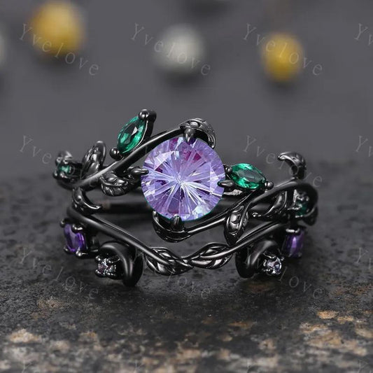 Vintage Firework Alexandrite Engagement Ring,Black Gold,Leaf Peridot Amethyst Ring,Women Bridal Set,Unique Promise Ring Anniversary Gift