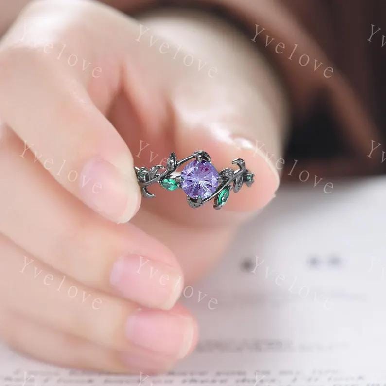 Vintage Firework Alexandrite Engagement Ring,Black Gold,Leaf Peridot Amethyst Ring,Women Bridal Set,Unique Promise Ring Anniversary Gift